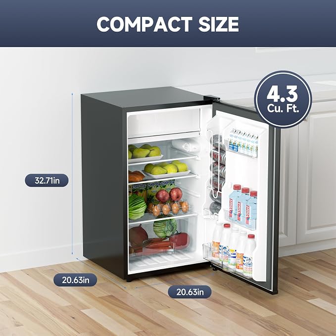 4.3 Cu.ft Mini Fridge with Freezer, Compact Refrigerator for Bedroom Office Dorm RV, Single Door Adjustable Temperature, Removable Shelves & Crisper Drawer