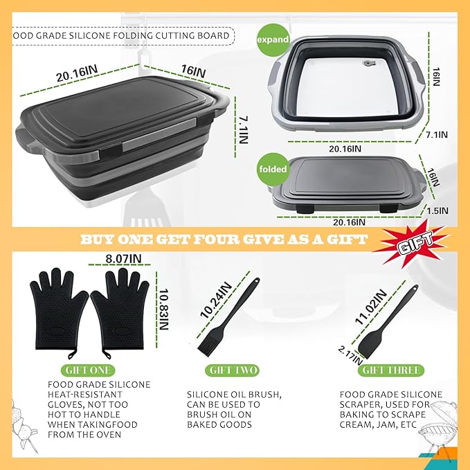 Collapsible BBQ Prep Tub with Lid & Cutting Board 16L - XL Meat Marinating Basin & Grill Carry System - 5pc Set with Heat Resistant Gloves, Basting Brush & Spatula (Black, Large, 16L)