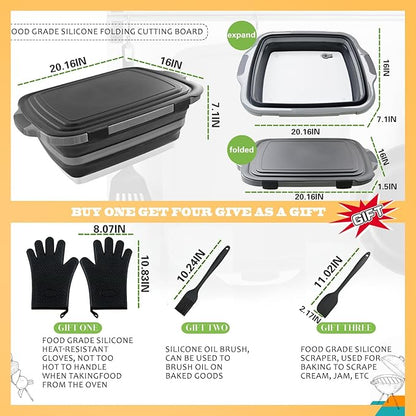 Collapsible BBQ Prep Tub with Lid & Cutting Board 16L - XL Meat Marinating Basin & Grill Carry System - 5pc Set with Heat Resistant Gloves, Basting Brush & Spatula (Black, Large, 16L)