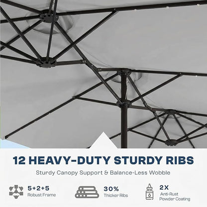 15FT Large Outdoor Patio Umbrella with Solar Lights and Base, Double-Sided Table Umbrellas with 48 LED Lights, Rectangle Market Umbrella for Pool, Deck, Backyard