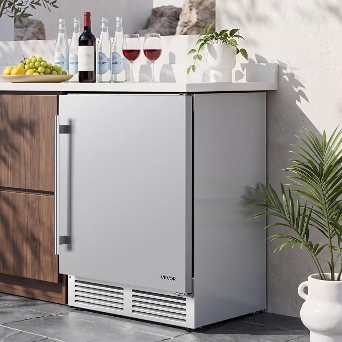 VEVOR Outdoor Beverage Refrigerator, 24 Inch Undercounter Drink Fridge | 304 Stainless Steel Body, 5.0 Cu. Ft, Hold 180 Cans, Powerful Cooling System, Built-in / Freestand Cooler, Home Bar & Patio