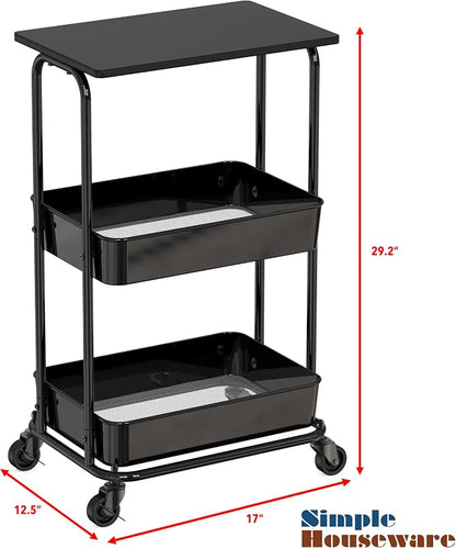 Simple Houseware 2-Tier Rolling Utility Cart Wood Top/Lockable Wheel, Black | Metal Storage Organizer Trolley for Kitchen, Bathroom, Office, Craft Room