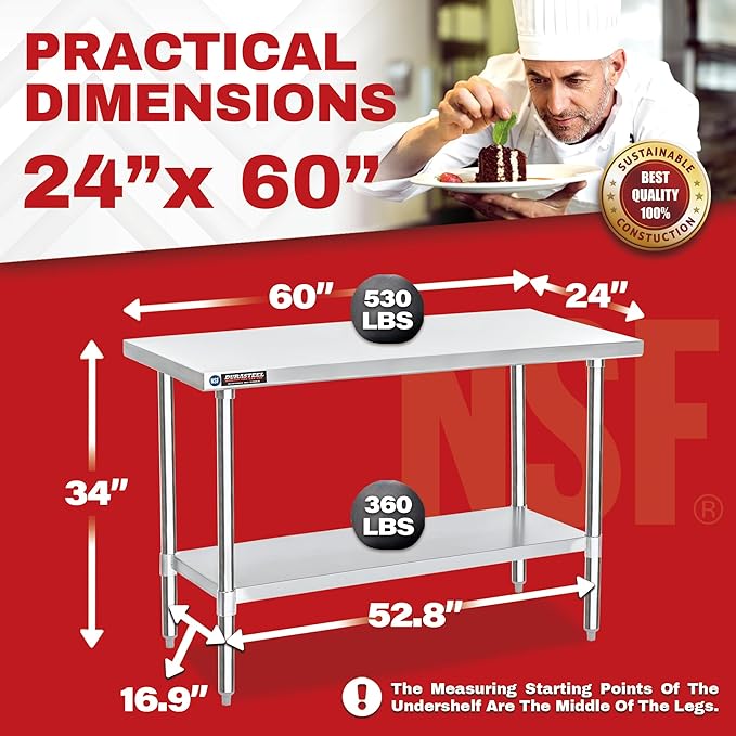DuraSteel 24x60 Stainless Steel Work Table - NSF Commercial Prep Metal Table w/Adjustable Under Shelf - Kitchen Outdoor Pizza Oven Stand, Garage Workbench, Laundry Utility Worktable - 350 lb Capacity