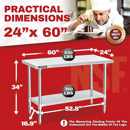 DuraSteel 24x60 Stainless Steel Work Table - NSF Commercial Prep Metal Table w/Adjustable Under Shelf - Kitchen Outdoor Pizza Oven Stand, Garage Workbench, Laundry Utility Worktable - 350 lb Capacity