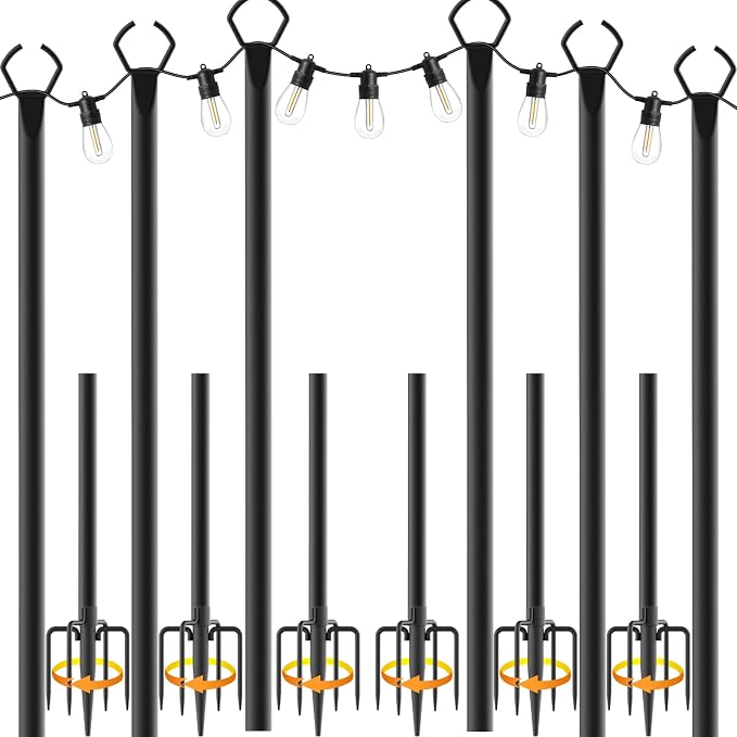 Mutovlin 6 Pack String Light Poles,10 Ft Light Poles for Outside String Lights,Outdoor Lights Pole with Fork,Metal Poles Stand for Patio Deck Backyard