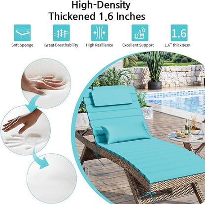 2 Sets of Outdoor Water-Resistant Olefin Chaise Lounge Cushions with Headrest and Pillow, Weather and Fade Resistant Foldable Quilted Lounge Chair Pads with Straps, Turquoise, 73" L x 22" W