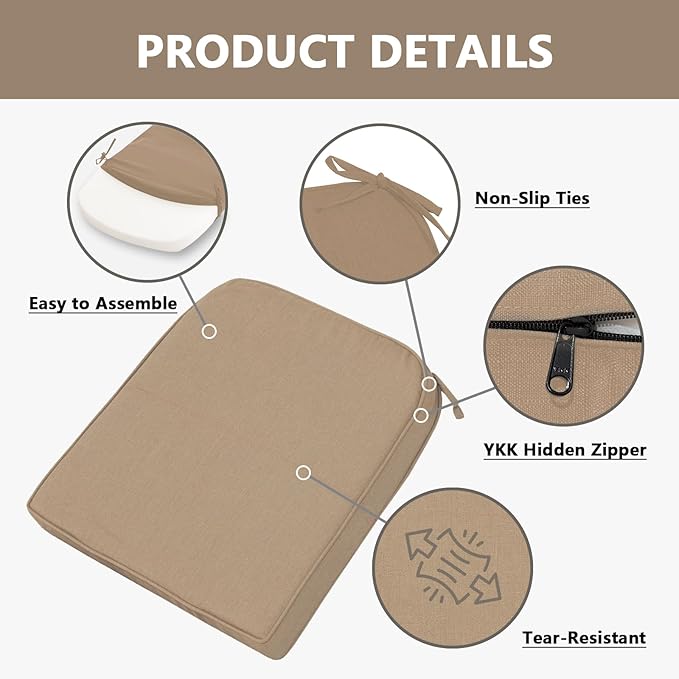 Goodgoods 19.5 x 20 Outdoor Chair Cushions Set of 4, Fade-Resistant & Water-Resistant Patio Seat Cushion Pads with Ties, 30D High-Resilience Foam for Dining Room Kitchen Chairs, Toffee