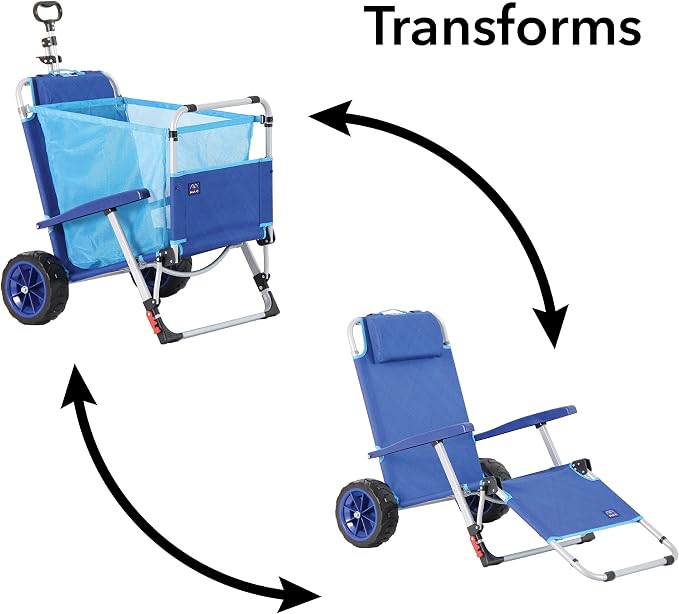 Mac Sports Beach Day Foldable Chaise Lounge Chair with Integrated Wagon Pull Cart Combination and Heavy Wheels - Perfect for Beach, Backyard, Pool or Picnic