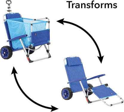 Mac Sports Beach Day Foldable Chaise Lounge Chair with Integrated Wagon Pull Cart Combination and Heavy Wheels - Perfect for Beach, Backyard, Pool or Picnic