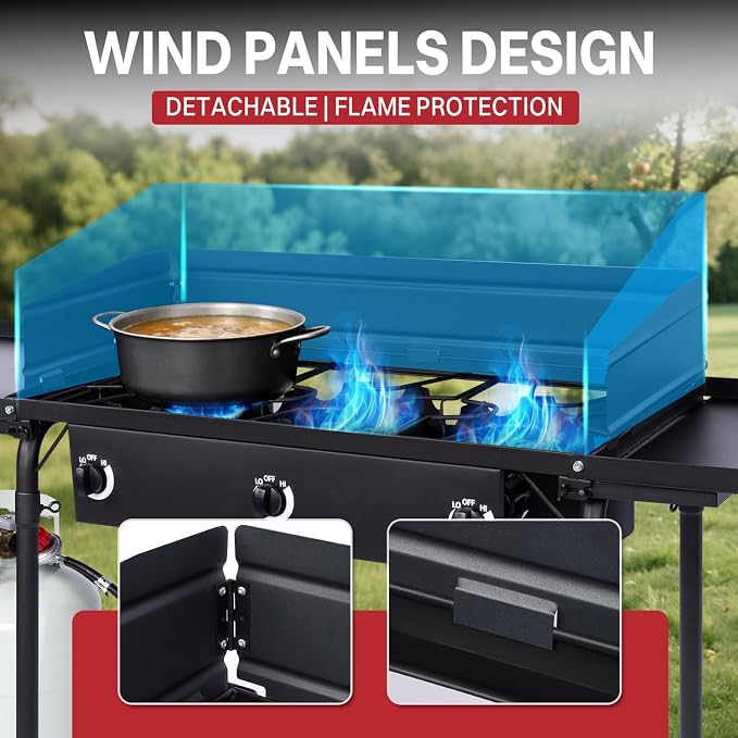 3 Burner Propane Camp Stove | 225,000 BTU | High Pressure Gas Burners | CSA Certified | Side Shelves | Windscreen | Waterproof Cover | Detachable Legs | Ideal for Camping Backyard Outdoor Cooking