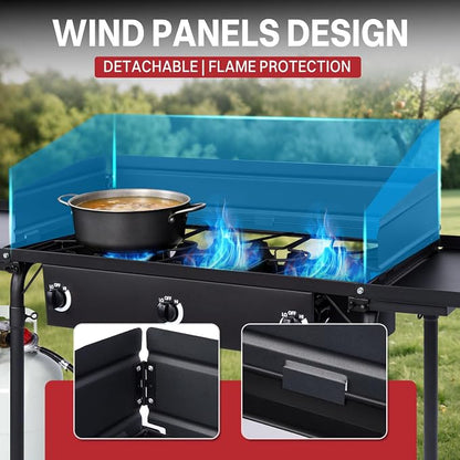 3 Burner Propane Camp Stove | 225,000 BTU | High Pressure Gas Burners | CSA Certified | Side Shelves | Windscreen | Waterproof Cover | Detachable Legs | Ideal for Camping Backyard Outdoor Cooking