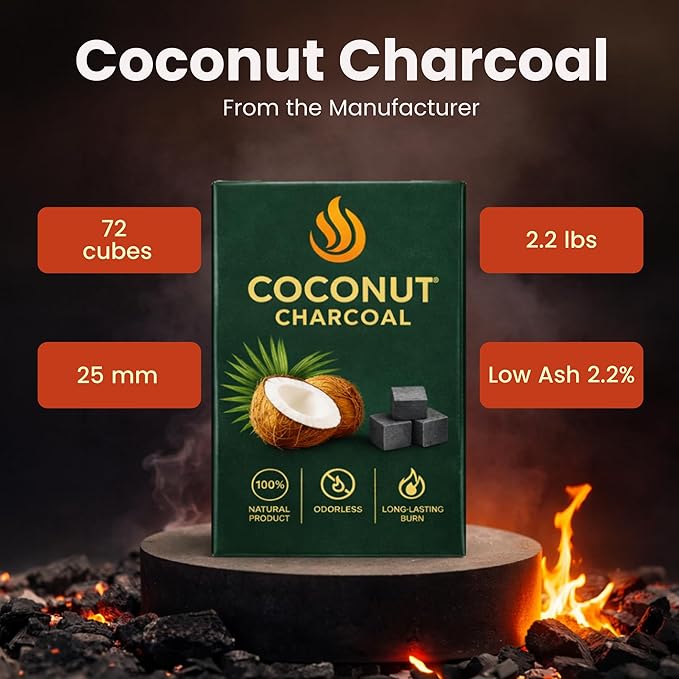 100% Natural Coconut Charcoal Coals 72 pcs, 25mm Cubes Made from Natural Coconut Shells, 2.2 lbs (1kg) Long-Lasting Hookah Charcoal, Low Ash Charcoal