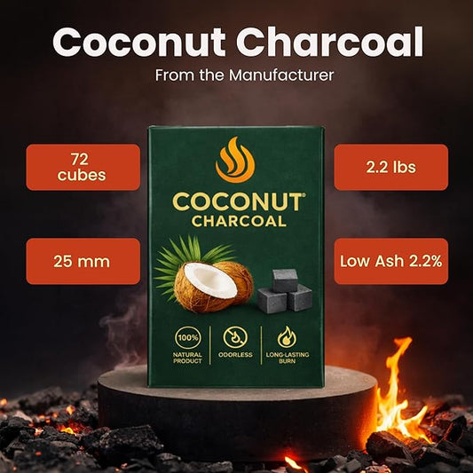 100% Natural Coconut Charcoal Coals 72 pcs, 25mm Cubes Made from Natural Coconut Shells, 2.2 lbs (1kg) Long-Lasting Hookah Charcoal, Low Ash Charcoal