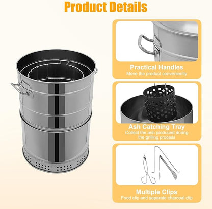 Large Portable Charcoal Grills Vertical Charcoal Smoker Barrel Grill with 50 Skewers Stainless Charcoal BBQ Grill Barrel 360° Outdoor Indoor Camping Smokeless Charcoals Barbecue Grills
