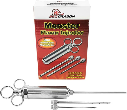 BBQ Dragon Meat Syringe Injector Kit - Stainless Steel Marinade Injector for Smoking Turkey & Brisket - Food Injector with 3 Needles for Liquid & Chunky Marinades - Flavor Injector for Meat & Poultry