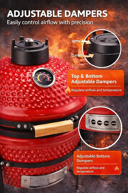 13-in W Kamado Grill with Built-in Thermometer, Oval Grill with Cast Iron Grates, Bamboo handle, Portable Ceramic Grills with Low Stand for Backyard, Patio, Deck grilling, Red