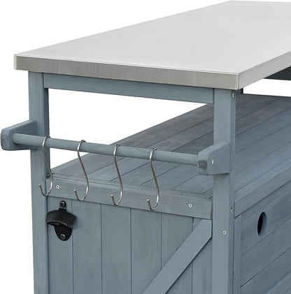 LUMISOL Outdoor Grill Cart with Stainless Steel Top, Farmhouse Solid Wood Kitchen Island with Storage Rack, Outdoor Rolling Bar Cart & Storage Cabinet with Spice & Towel Rack, Grey Blue