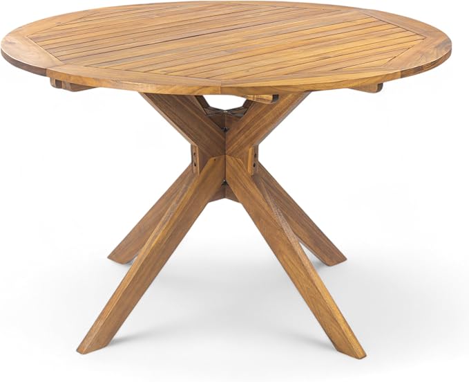 Christopher Knight Home Pula Acacia Wood Patio Dining Set for 4, Wood&Metal Outdoor Dining Table Set for 4, Round Dining Table and Chairs Set of 4 with Cushion, Teak+Grey+Black