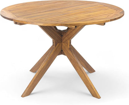Christopher Knight Home Pula Acacia Wood Patio Dining Set for 4, Wood&Metal Outdoor Dining Table Set for 4, Round Dining Table and Chairs Set of 4 with Cushion, Teak+Grey+Black
