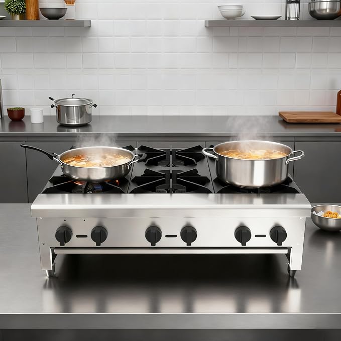 Stainless Steel Stoves,Portable Cooktop with 6 Burners–168,000 BTU,Comes with Conversion Kit for Both Propane & Natural Gas Cooktop Combo.Commercial Gas Stove for Restaurant & School Cafeteria.