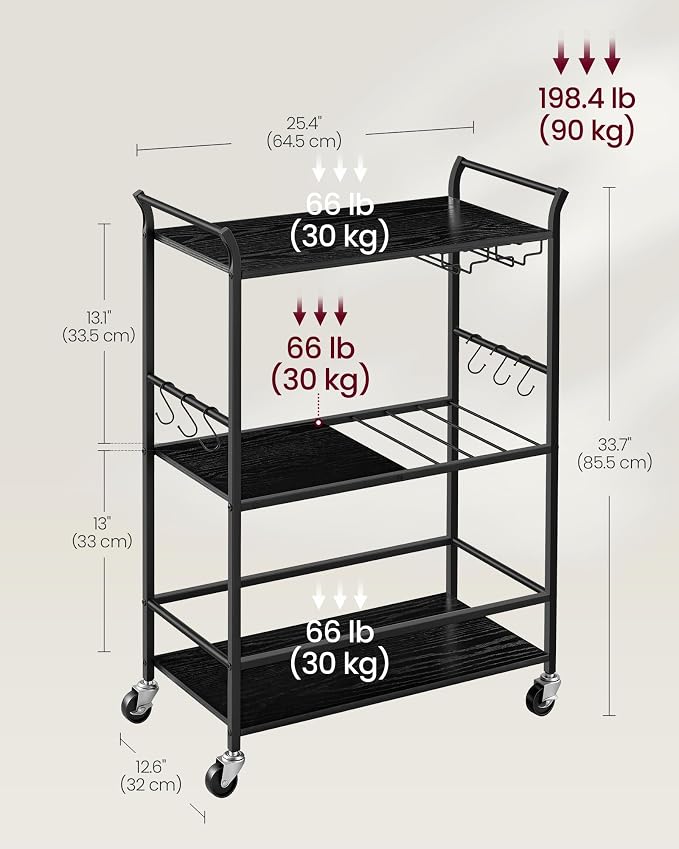 VASAGLE 3-Tier Bar Cart, Steel Serving Cart on Wheels with Wine Rack and Glass Holder, 25.4 x 12.6 x 33.7 Inches, Black, for Kitchen and Living Room, Barnet Collection ULRC200B101
