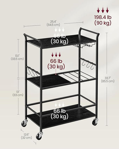 VASAGLE 3-Tier Bar Cart, Steel Serving Cart on Wheels with Wine Rack and Glass Holder, 25.4 x 12.6 x 33.7 Inches, Black, for Kitchen and Living Room, Barnet Collection ULRC200B101