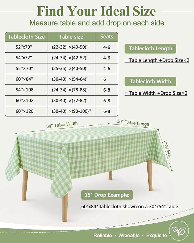 Seenus Waterproof Plastic Plaid Tablecloth with Flannel Backing for Picnic | 60 x 102 Inch Rectangle Checkered Table Cloth Wipeable, Green Gingham Vinyl Table Cover for Dinner Kitchen Capming Outdoor