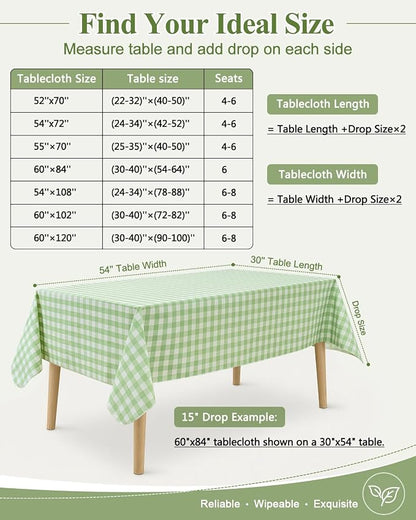 Seenus Waterproof Plastic Plaid Tablecloth with Flannel Backing for Picnic | 60 x 102 Inch Rectangle Checkered Table Cloth Wipeable, Green Gingham Vinyl Table Cover for Dinner Kitchen Capming Outdoor