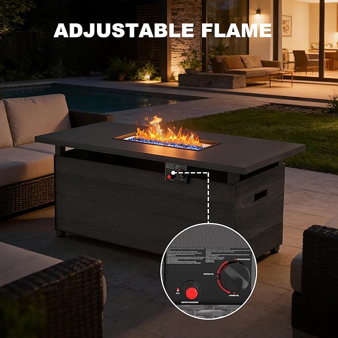 51 inch Propane Fire Pit Table, 50,000 BTU Outdoor Fire Pit Table with Steel Lid and High-Temp Crystal Beads, 2 in 1 Rectangle Gas Fire Pit Table for Garden/Patio Outside (51 inch, With Crystal Beads)
