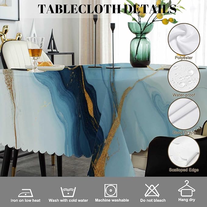 Swono Blue Gold Marble 52"X70" Oblong Table Cloth Natural Swirl Fluid Marble Wrinkle Free Table Cover Farmhouse Tablecloth for Home Restaurant Picnic Indoor Outdoor Dining