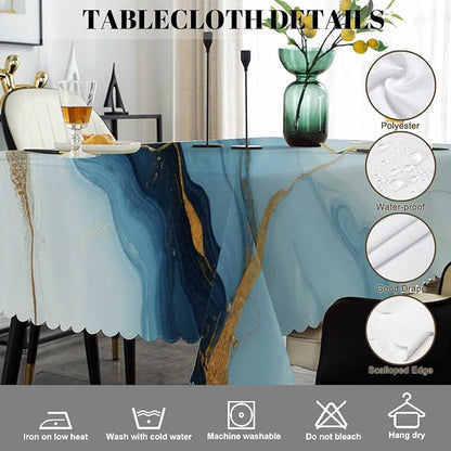 Swono Blue Gold Marble 52"X70" Oblong Table Cloth Natural Swirl Fluid Marble Wrinkle Free Table Cover Farmhouse Tablecloth for Home Restaurant Picnic Indoor Outdoor Dining