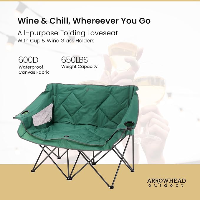 ARROWHEAD OUTDOOR Portable Folding Double Duo Camping Chair Loveseat | 2 Cup and Wine Glass Holder, Carrying Bag, Supports up to 500lbs, Beach, Tailgating, Fishing, Patio, Hunting, Backyard