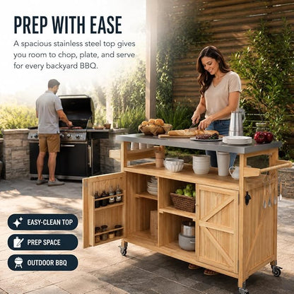 Outdoor Kitchen Island, 50.25" Rolling Grill Table with Storage Cabinet, 201 Stainless Steel Top Outdoor Bar Cart, Solid Fir Wood BBQ Prep Station with Adjustable Shelves, Spice Rack (Natural)