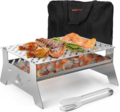 Onlyfire Portable Charcoal Grill, Heavy Duty Stainless Steel | Foldable Barbecue Grill, Carry Bag and BBQ Tong, For Patio Backyard, Outdoor Camping, Picnic and Hikin