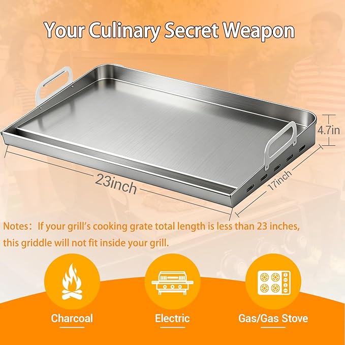 Universal Stainless Steel Griddle For Gas Grill And Gas Stove, 23” X 17” Flat Top Griddle With Handle For Weber, Nexgrill, Charbroils And Kenmore, Gas Griddle For Tailgating, Camping, And Party