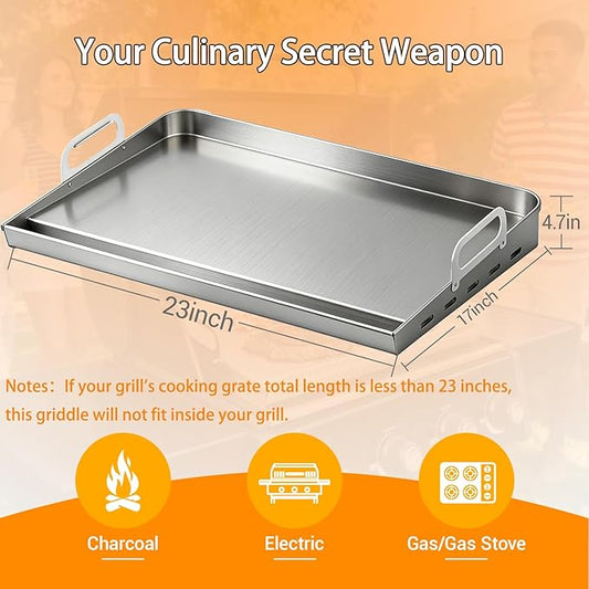 Universal Stainless Steel Griddle For Gas Grill And Gas Stove, 23” X 17” Flat Top Griddle With Handle For Weber, Nexgrill, Charbroils And Kenmore, Gas Griddle For Tailgating, Camping, And Party