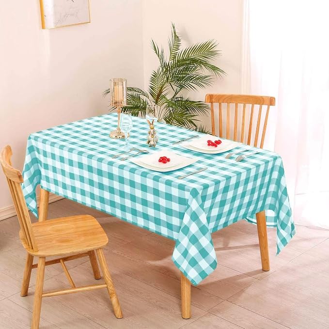 Hiasan Checkered Tablecloth Rectangle, 52 x 70 Inch - Waterproof and Wrinkle Resistant Table Cloth for Picnic, Dinner and Party, Washable Polyester Fabric, Aqua and White Gingham Pattern