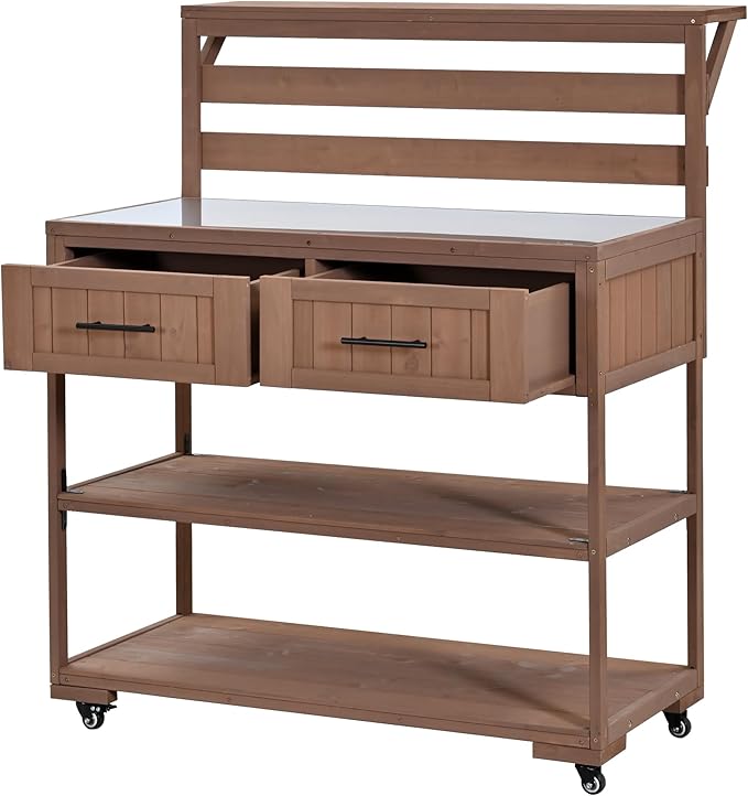 GDFStudio Elshire Patio Kitchen Island Cart with Storage, Wooden Outdoor Storage Cabinet with Stainless Steel BBQ Prep Table Top, Drawers, Raised Shelf and Lockable Wheels, Garden Potting Bench, Brown
