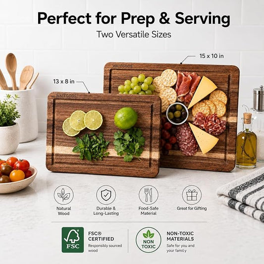 Acacia Wood Cutting Boards for Kitchen, Non-Toxic Cutting Board Set of 2, Chopping Boards with Deep Juice Groove for Meat, Cheese & Vegetables - Eco-Friendly & Medium & Small Sizes