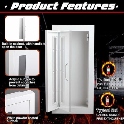 Zonon 1 Pcs Semi Recessed Fire Extinguisher Cabinet Industrial Architectural Wall Cabinet, Door with Handle Version for 10 Pound Dry Chemical Fire Extinguisher White