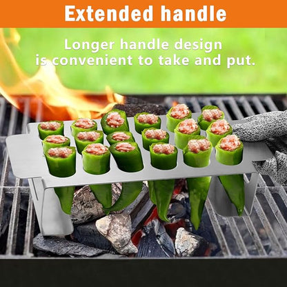 18 Hole Jalapeno Grill Rack for Chili, Stainless Steel Barbecue Chili Peppers Grill Rack with Handle, Jalapeno Popper Stand for BBQ Smoker or Oven (Silver)