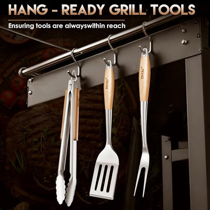 TIVOLI 3PCS Grilling Accessories, Heavy Duty BBQ Tool Set with Stainless Steel Spatula, Tongs, Fork, Wood Handles Barbecue Utensils Kit for Outdoor, Perfect Grill Gifts for Dad Men