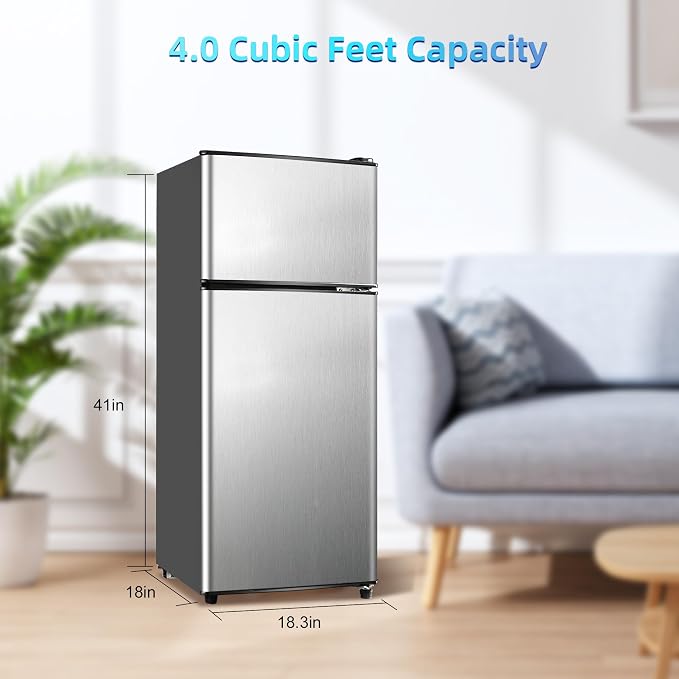 Mini Fridge with Freezer 4.0 Cu.Ft. Double-Door Mini Refrigerator Low Noise | 7-Level Adjustable Thermostat & Adjustable Glass Shelves, Compact Dorm Fridge 37 dB Low Noise for Bedroom, Apartment, Silver
