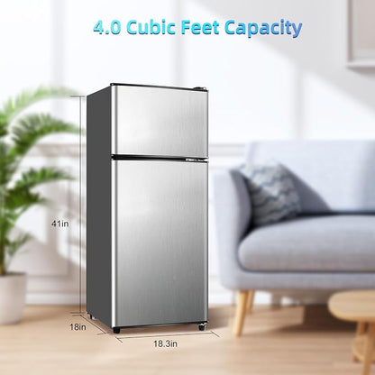 Mini Fridge with Freezer 4.0 Cu.Ft. Double-Door Mini Refrigerator Low Noise | 7-Level Adjustable Thermostat & Adjustable Glass Shelves, Compact Dorm Fridge 37 dB Low Noise for Bedroom, Apartment, Silver