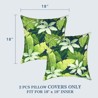 LVTXIII 2 Pack Outdoor Pillow Covers ONLY 18x18 Inch, Water-Repellent Square Decorative Cushion Covers for Patio Furniture, Garden, Sofa, Jungle Leaves
