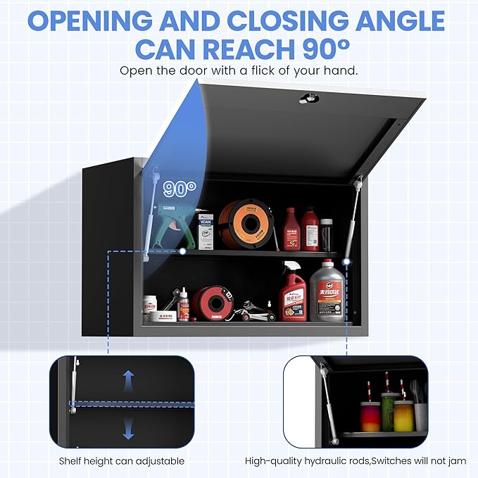 Garage Wall Cabinet with Flip-Up Door and Shelf, Lockable Metal Storage Cabinet Wall Mounted, Hanging Tool Cabinet for Garage Basement Utility Room, Black