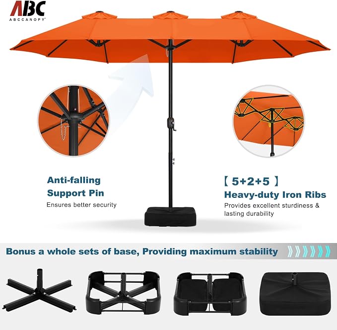 ABCCANOPY 15FT Double-Sided Rectangle Patio Umbrella with Base, Orange | Rectangular Outdoor Table Umbrella with Crank, Heavy Duty Market Umbrella Shade for Garden,Poolside, Lawn, Backyard