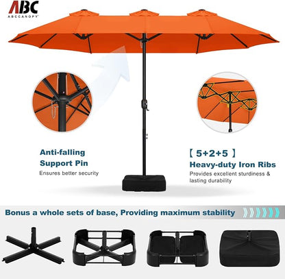 ABCCANOPY 15FT Double-Sided Rectangle Patio Umbrella with Base, Orange | Rectangular Outdoor Table Umbrella with Crank, Heavy Duty Market Umbrella Shade for Garden,Poolside, Lawn, Backyard