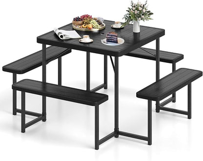 4-8 Person Picnic Table Set, Umbrella Hole, Heavy-Duty Metal Frame & 4 Benches, HDPE Square Outdoor Dinning Table & Benches for Outside, Patio, Garden, Backyard, Porch (Black)