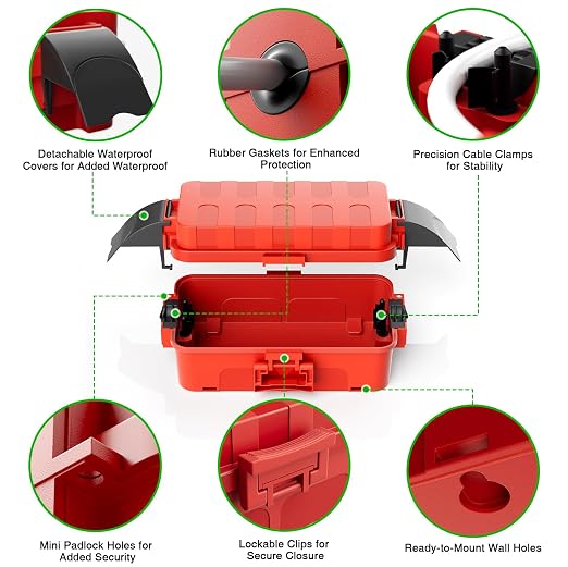 Flemoon IP55 Small Outdoor Electrical Box Waterproof, for Power Strip | Inner 5.9 x 3.2 x 1.8inch, Extension Cord Cover with Detachable Awning Covers for Plug, Outlet, Holiday Lights, Red